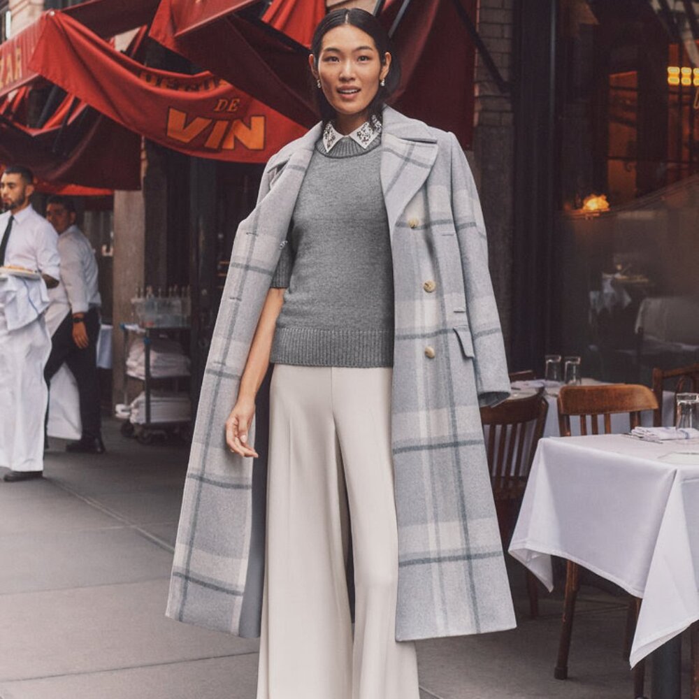 Ann Taylor Long Gray Plaid Double-Breasted Wool Coat - Women Small